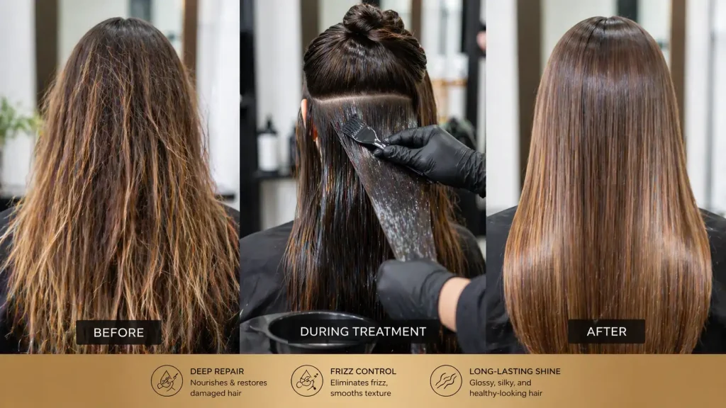 Before, during, and after keratin treatment on dyed hair showing frizzy texture, application process, and smooth shiny results