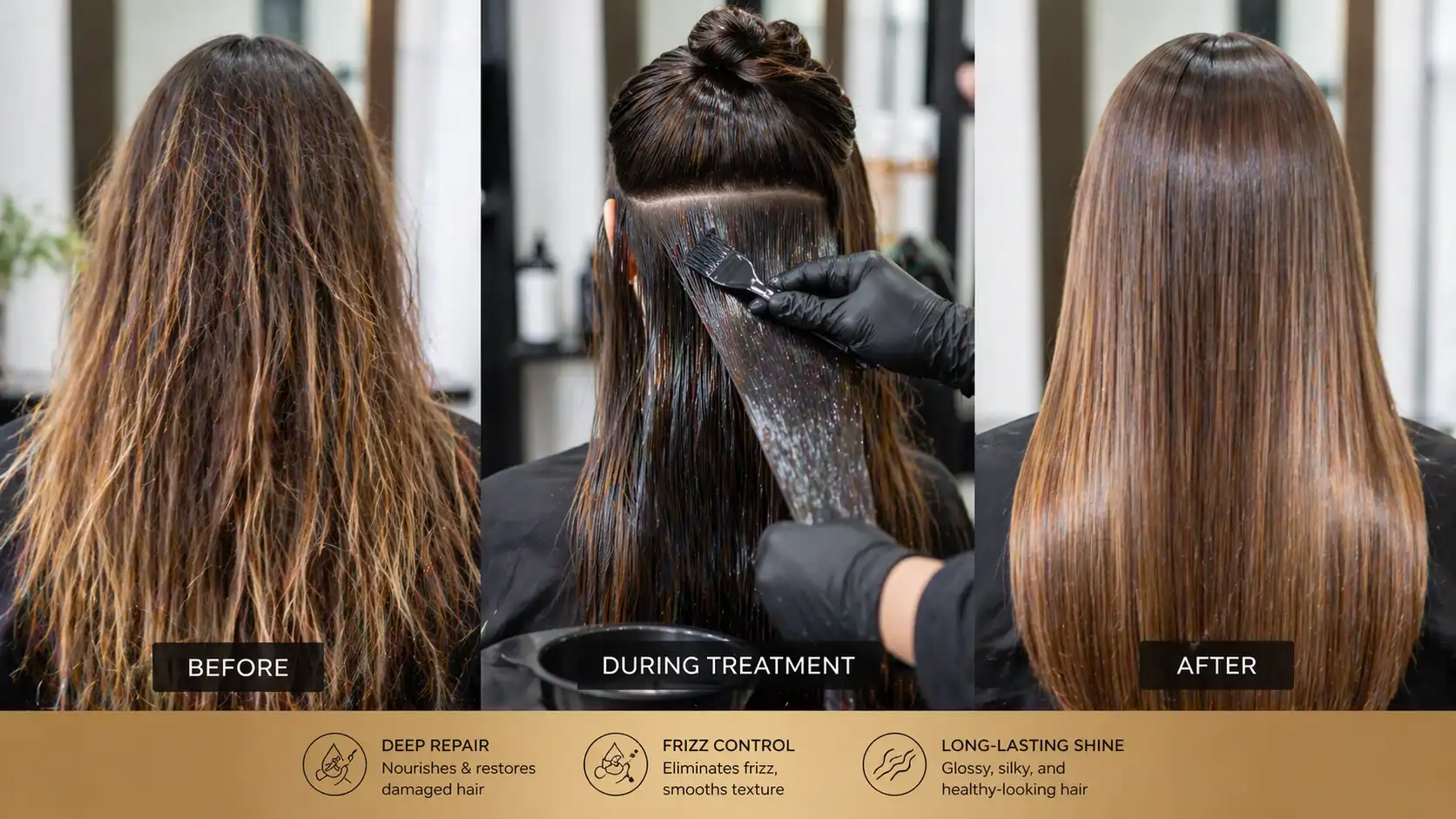 Before, during, and after keratin treatment on dyed hair showing frizzy texture, application process, and smooth shiny results