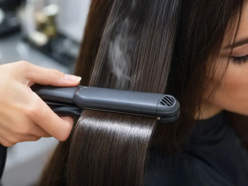 Flat iron sealing keratin treatment into hair with controlled heat for smooth and straight finish