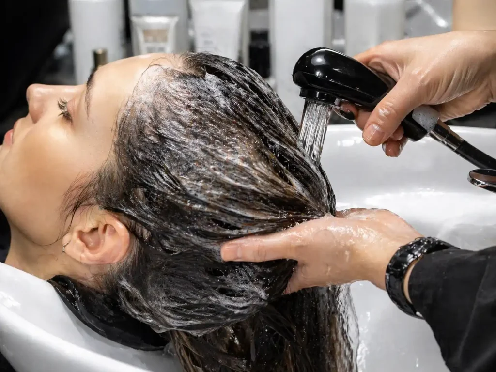 Woman reclined with head back as a barber/stylist shampoos her hair using a handheld shower nozzle inside a salon sink.