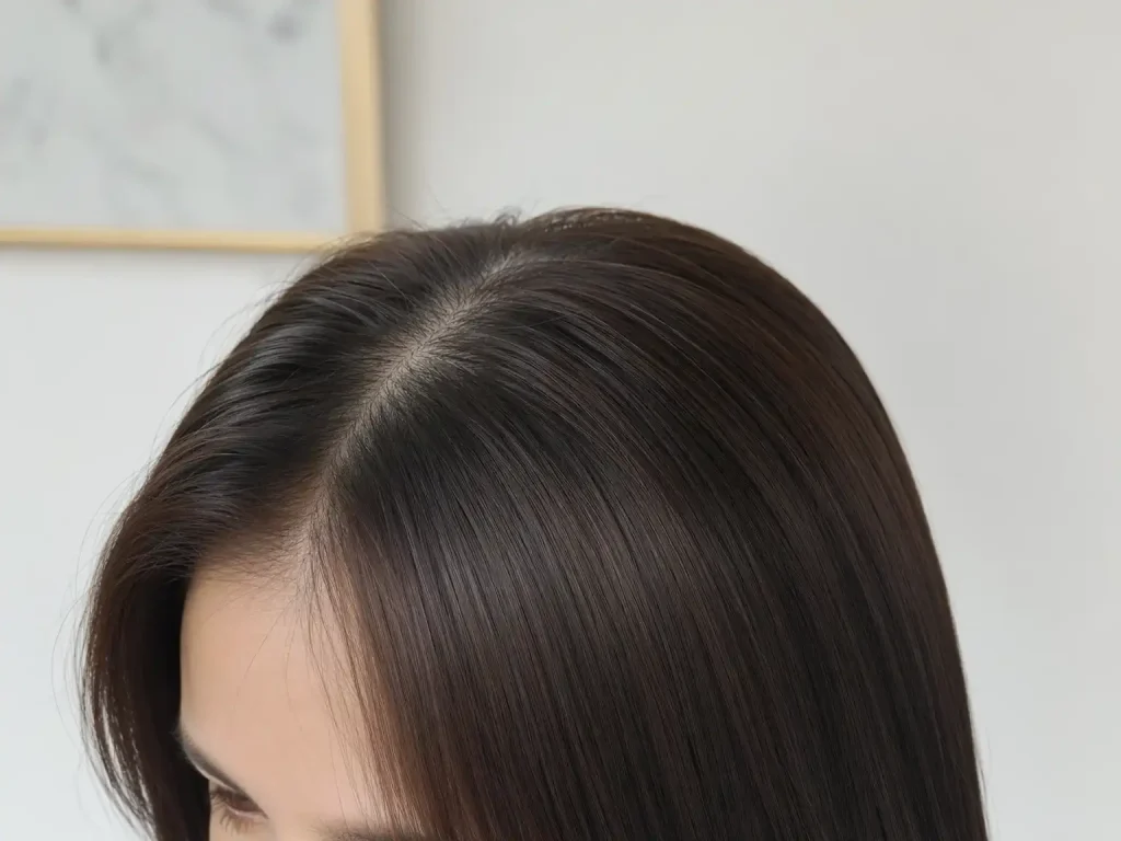 Smooth hair after keratin treatment with high shine but reduced volume at the roots