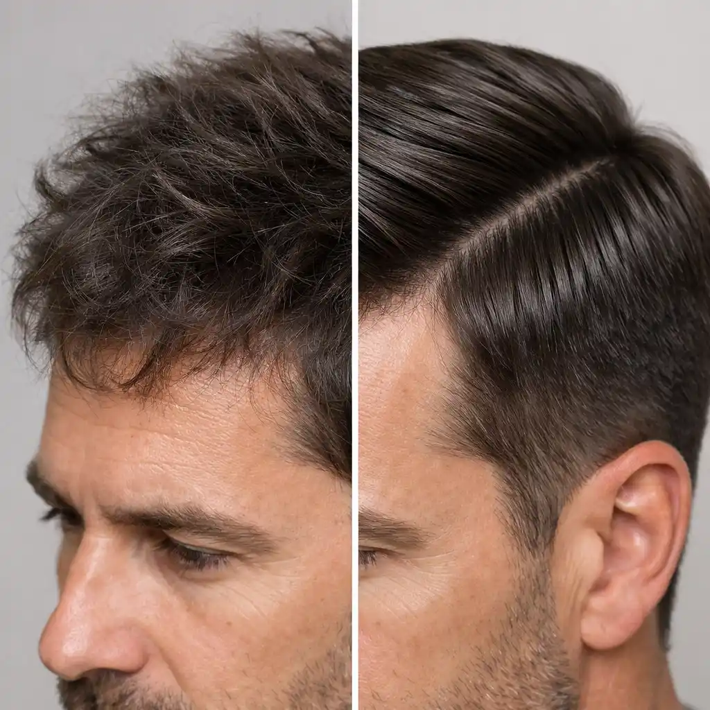 Side-by-side comparison of a man's hair before and after a keratin treatment, showing a significant reduction in frizz.