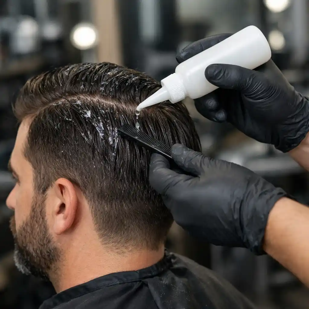 A professional stylist applying a liquid keratin smoothing formula to a male client's hair in a salon.