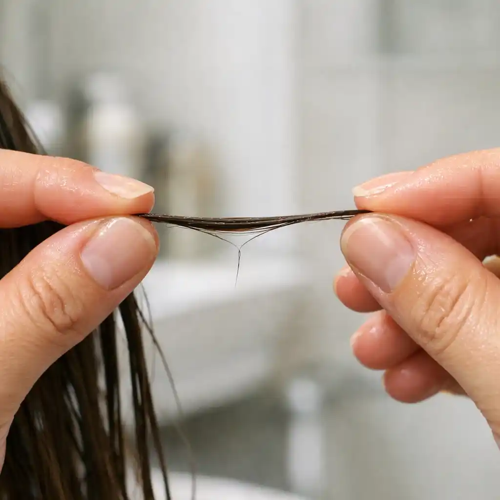 A realistic microscope view showing how protein components genuinely fill the gaps in damaged hair cuticles.