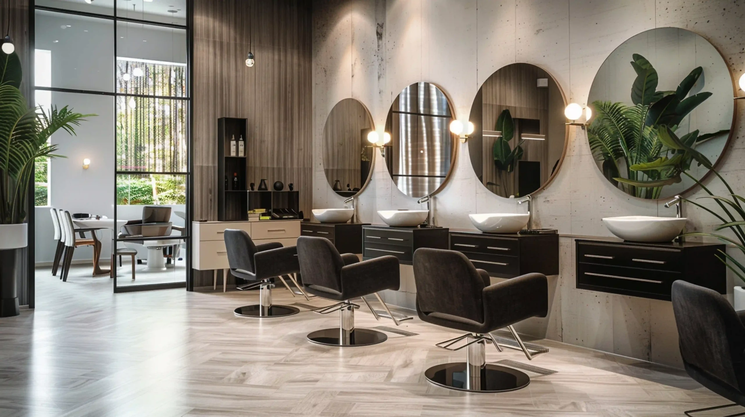 A modern hair salon interior featuring a row of sleek black styling chairs facing circular mirrors with integrated vanity lights and white basin sinks against a concrete-textured wall.