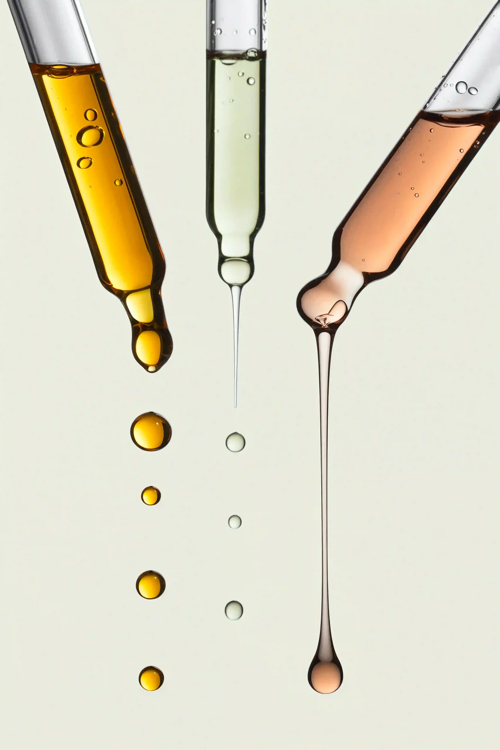 Three glass droppers filled with yellow, pink, and clear essential oils or serums, resting on a marble surface next to a decorative white flower and a glass bottle, creating a clean and serene spa-like atmosphere.