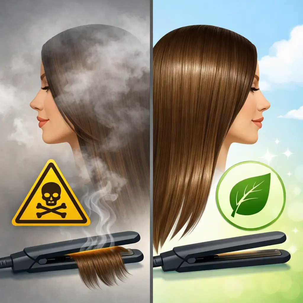 Comparison between traditional keratin treatments with toxic fumes and safe, eco-friendly formaldehyde-free alternatives.