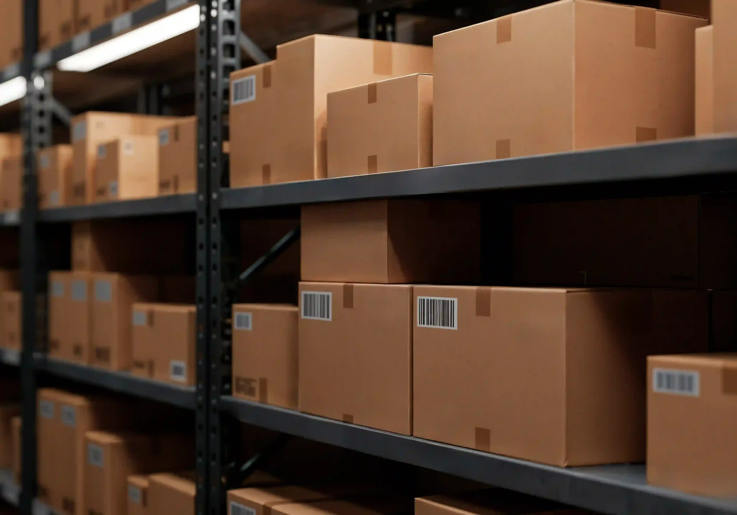 Neatly arranged brown cardboard boxes with barcodes on black metal industrial shelving in a warehouse.
