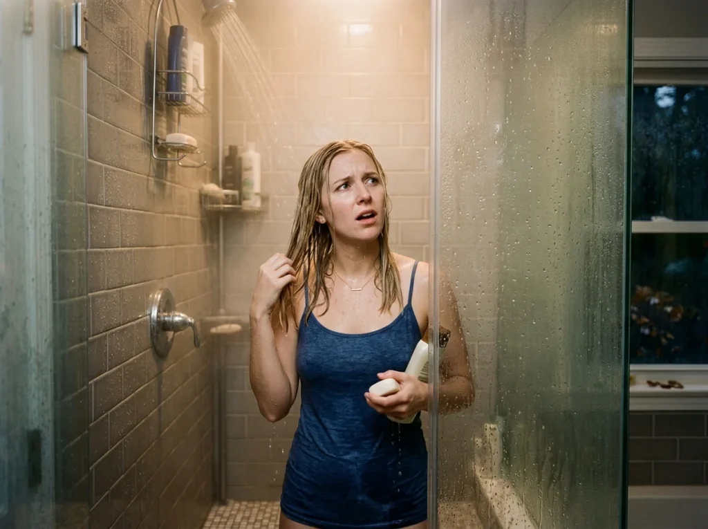 A concerned woman standing in a steam-filled shower, touching her wet blonde hair and holding a bottle of shampoo, looking upwards with a worried expression.