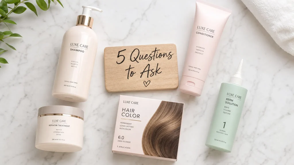 Assorted Luxe Care hair care products on a marble surface around a wooden card reading '5 Questions to Ask'.
