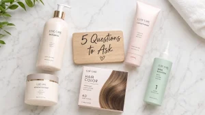 Assorted Luxe Care hair care products on a marble surface around a wooden card reading '5 Questions to Ask'.