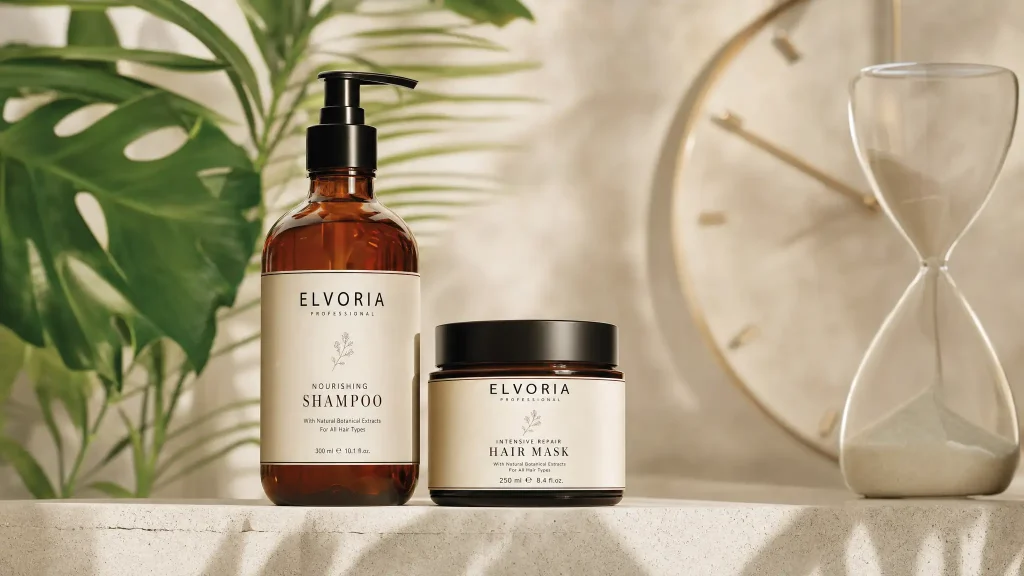 Elvoria professional nourishing shampoo and intensive repair hair mask on a light countertop with green plant leaves in the background and a glass hourglass to the right.