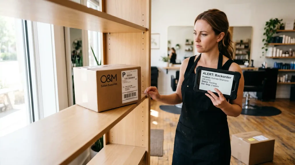 Female staff in a black apron holds a tablet showing an 'ALERT: Backorder' message near a wooden shelf and a boxed shipment on display in a store setting
