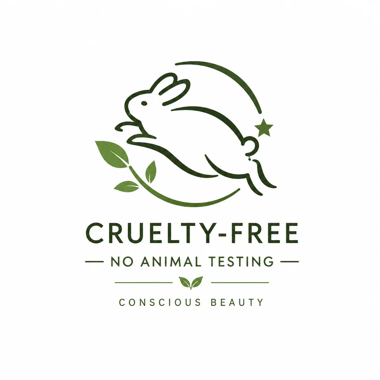 Green cruelty-free logo with a jumping rabbit, leaves, and the slogan 'CRUELTY-FREE NO ANIMAL TESTING CONSCIOUS BEAUTY'.