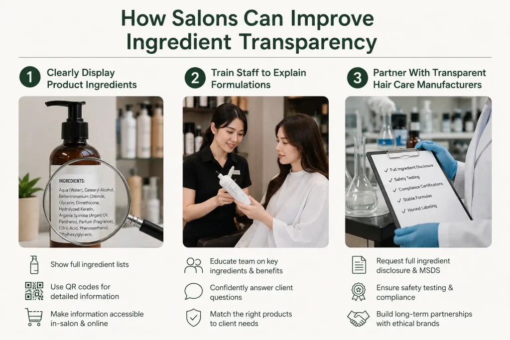 an illustration explain how salon can improve ingredients transparency in detail