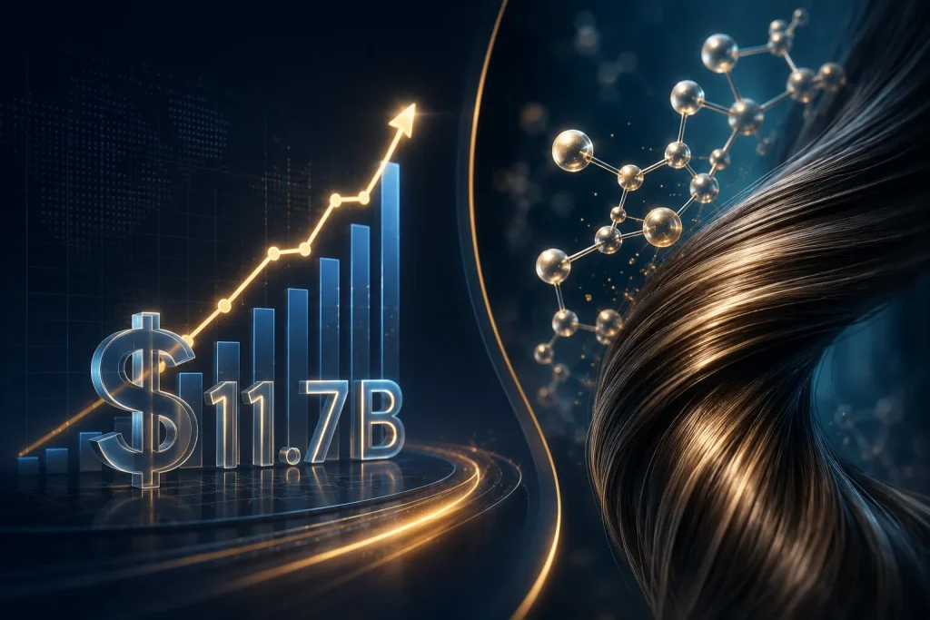 Financial growth visualization: glowing dollar sign, $11.7B text, and rising blue bars with an orange growth line; a molecular model on the right hints at biotech finance.