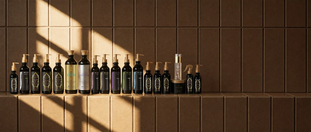 Assorted pump-bottle hair care products lined up on a wooden shelf with warm brown tiles behind.