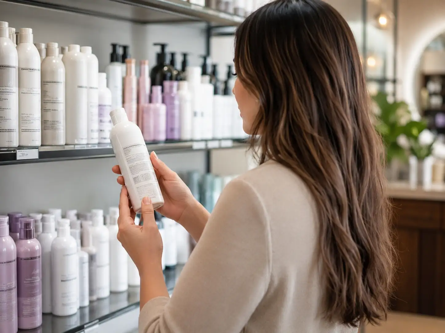 a salon client are checking ingredients in haircare product label
