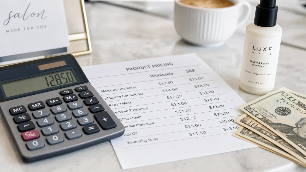 Pricing sheet labeled PRODUCT PRICING with wholesale and SRP columns beside a calculator and cash on a desk.