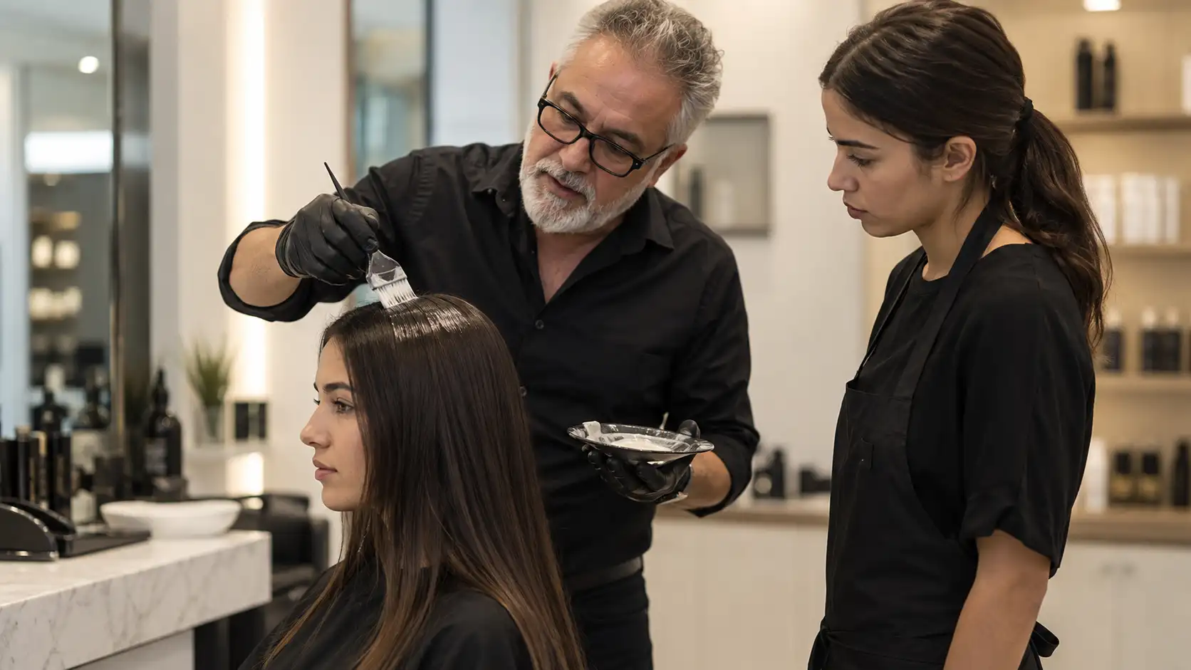Hair colorist wearing glasses brushes dye through client’s hair while an assistant holds a bowl nearby in a modern salon