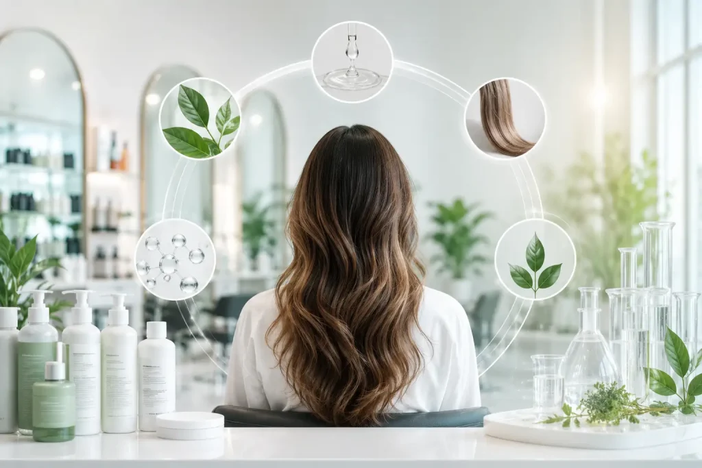 Hair-care science scene: woman with long wavy brown hair in a bright salon with circular icons depicting leaves, a hair strand, molecules, glassware, and bottles around her.
