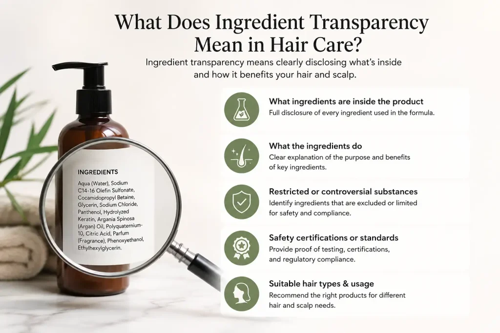 an illustration explain what does ingrediients transparency mean in hair care in detail