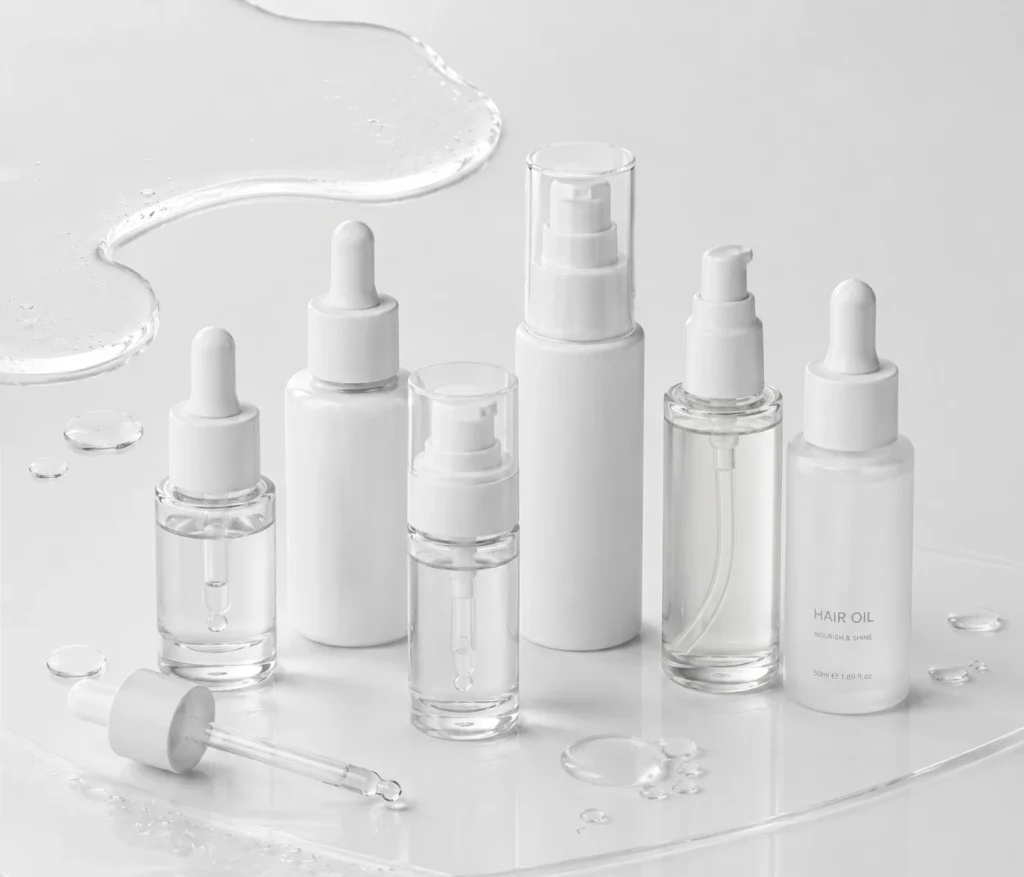 Assorted white skincare bottles with droppers and pump dispensers on a glossy surface, with scattered liquid droplets.