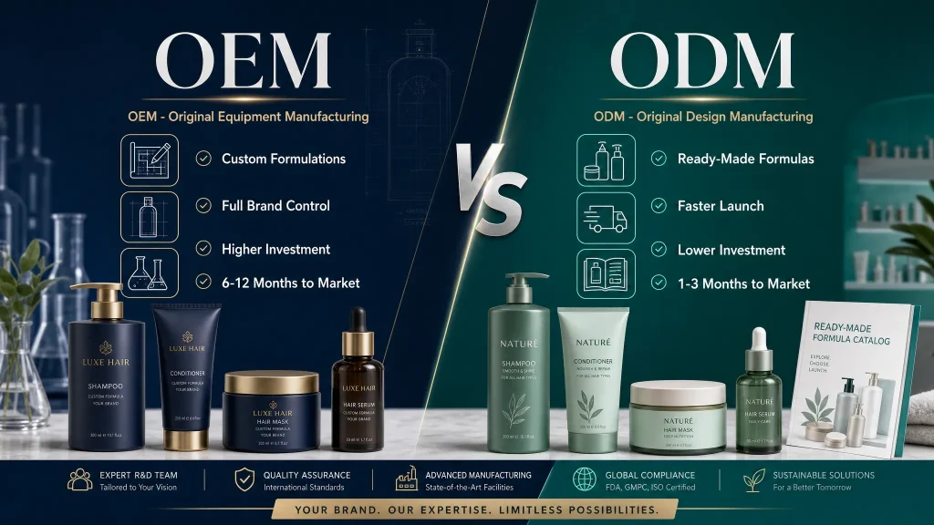 Split infographic comparing OEM and ODM for cosmetics brands; left blue panel shows OEM benefits, right teal panel shows ODM benefits, with product bottles displayed below.