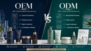 Split infographic comparing OEM and ODM for cosmetics brands; left blue panel shows OEM benefits, right teal panel shows ODM benefits, with product bottles displayed below.