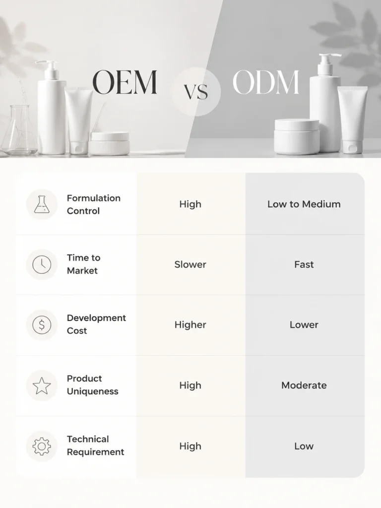 OEM vs ODM hair care comparison: split hero above a feature grid listing Formulation Control, Time to Market, Development Cost, Product Uniqueness, and Technical Requirement.