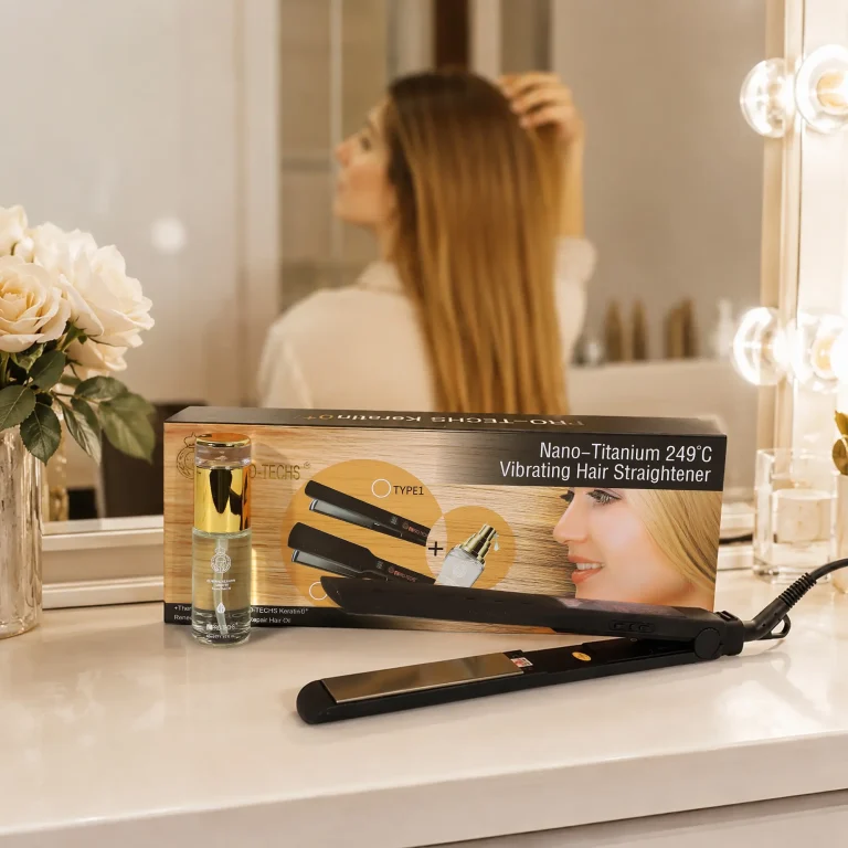 Vanity counter with white roses, beauty products, and a boxed vibrating hair straightener; blurred woman reflected in the mirror behind it.