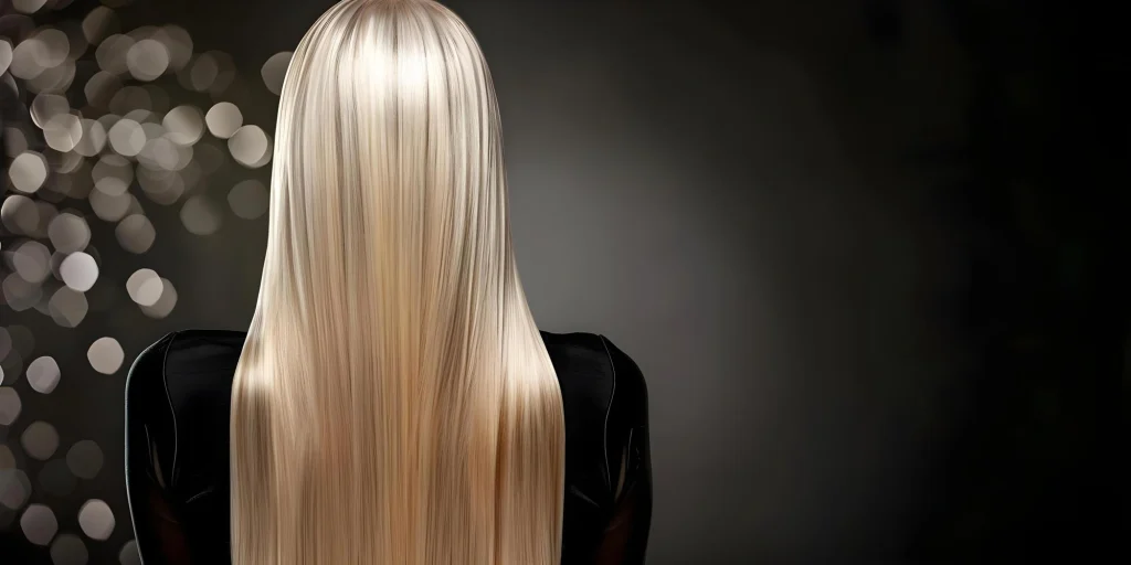 Back view of a person with long, straight blonde hair wearing a black top against a dark background with softly blurred lights on the left.