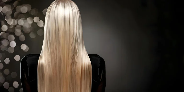 Back view of a person with long, straight blonde hair wearing a black top against a dark background with softly blurred lights on the left.