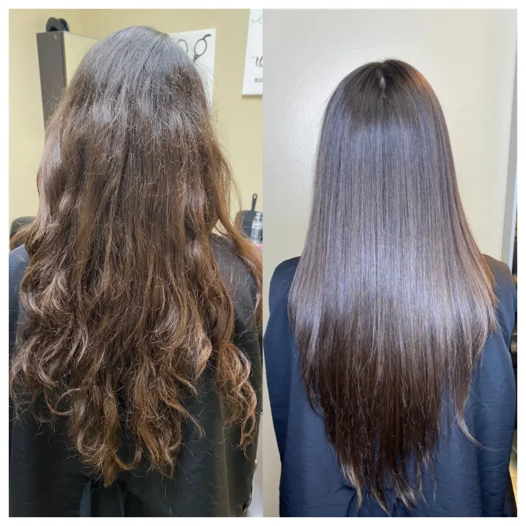 Before-and-after: left shows frizzy, wavy brown hair; right shows sleek, straight, glossy hair from a back view.