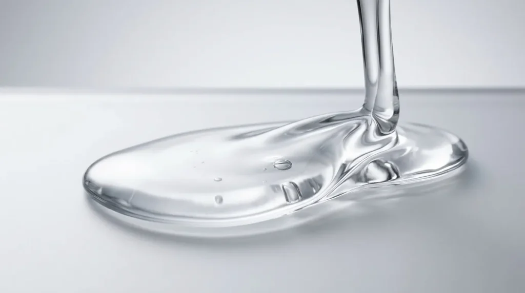 Clear glyoxylic acid liquid poured onto a smooth white surface, forming a glossy puddle.
