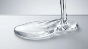 Close-up of glossy crystal-clear glyoxylic acid fluid gel flowing smoothly with a few tiny air bubbles