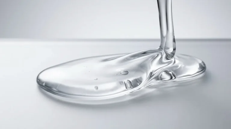 Clear glyoxylic acid liquid poured onto a smooth white surface, forming a glossy puddle.