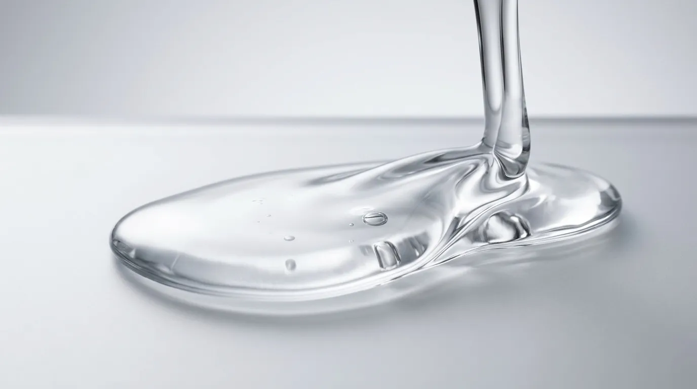 Clear glyoxylic acid liquid poured onto a smooth white surface, forming a glossy puddle.