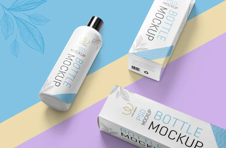 White cosmetic bottle with a black cap and matching boxed packaging on a pastel diagonal background, labeled 'PSD Mockup' and 'Bottle' text.
