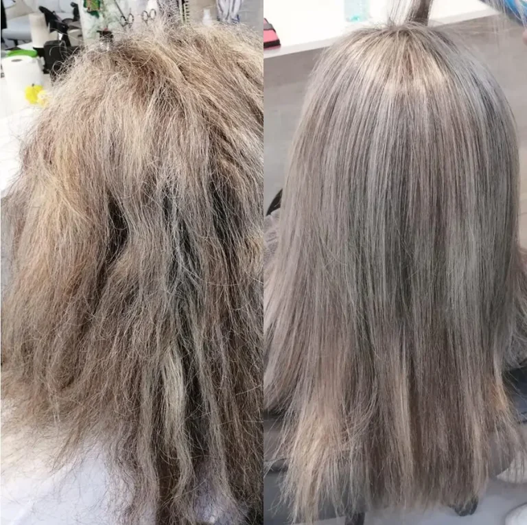 Before and after: left is frizzy, damaged brown hair; right is smooth, straight ash-gray hair.