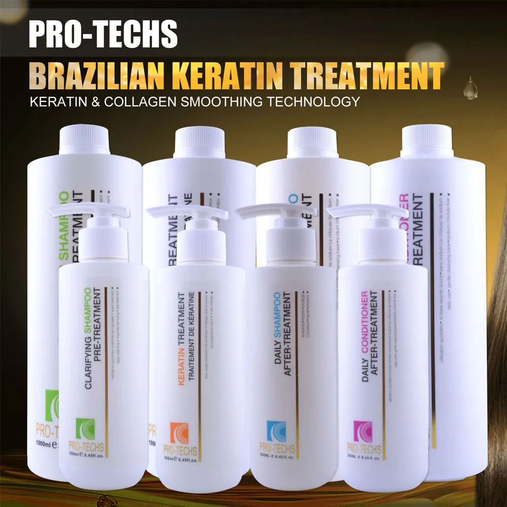 Cover of a Pro-Techs Brazilian Keratin Treatment lineup with white bottles and gold gradient backdrop, featuring labels for shampoo, conditioner, and after-treatment products.