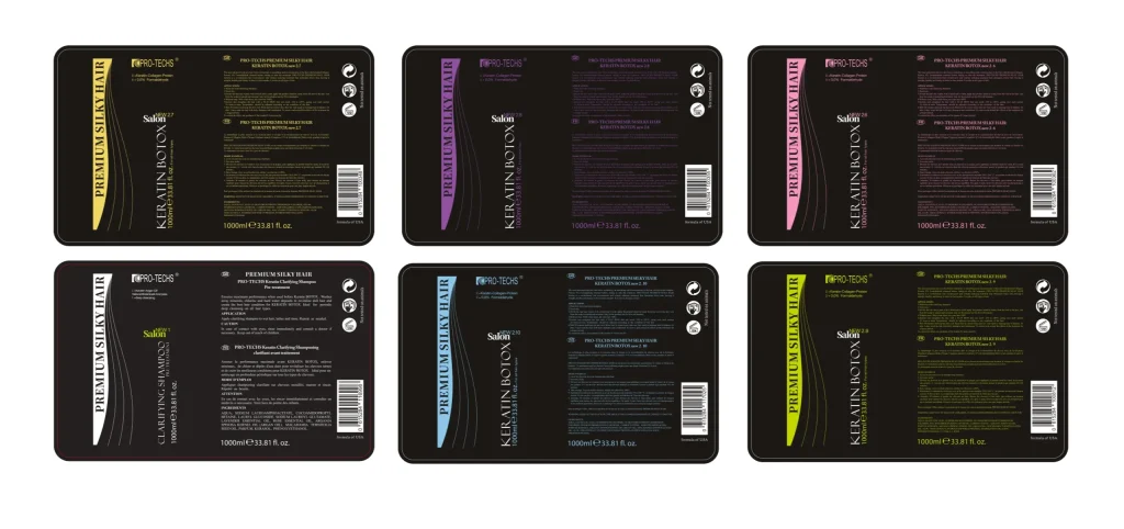 Six dark rectangular hair care product tins arranged in two rows, each with colored vertical label and barcode on right side (Keratin Botox).