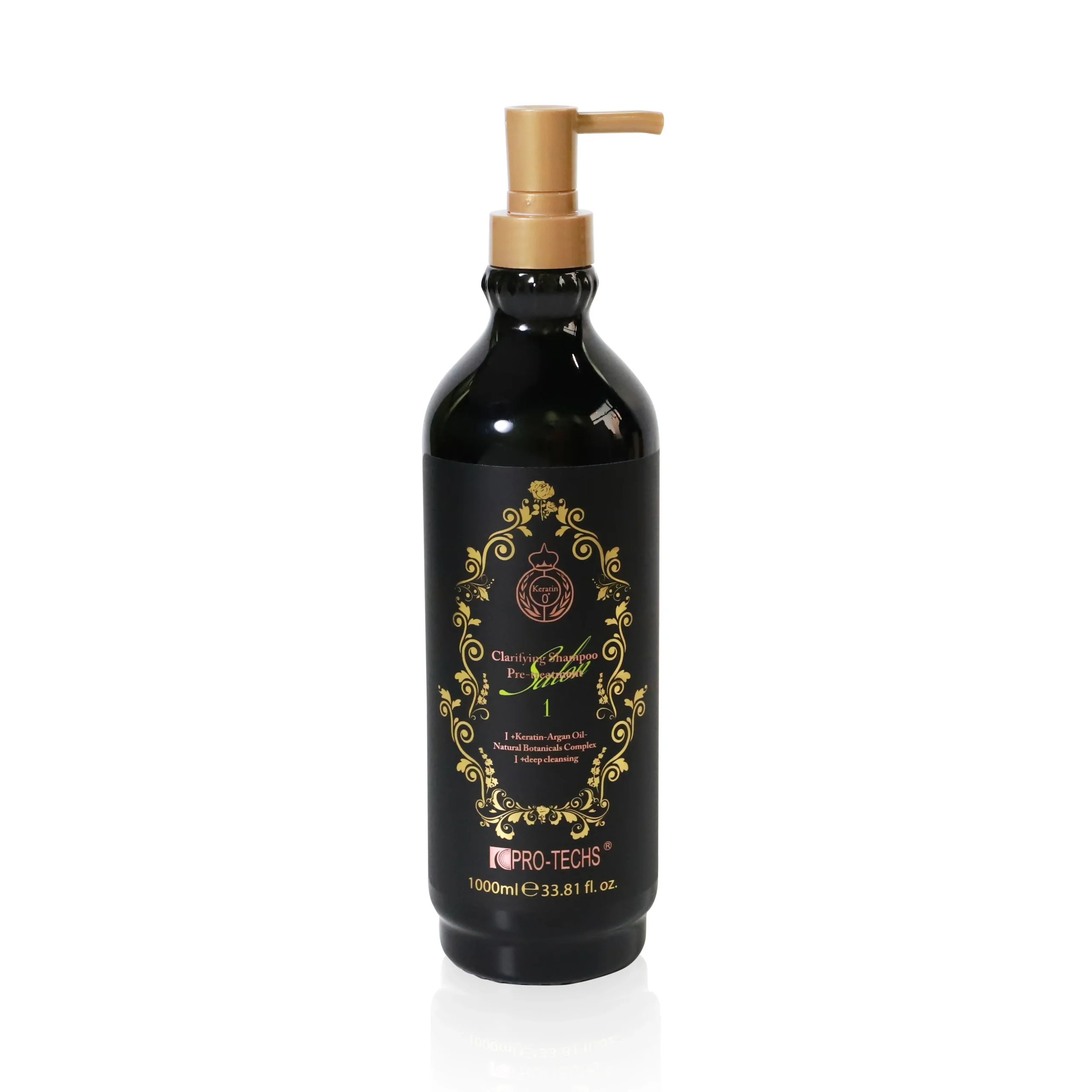 Pump dispenser bottle of shampoo with a black label and gold ornate design, 1000 ml (33.8 fl oz) shown from the top.