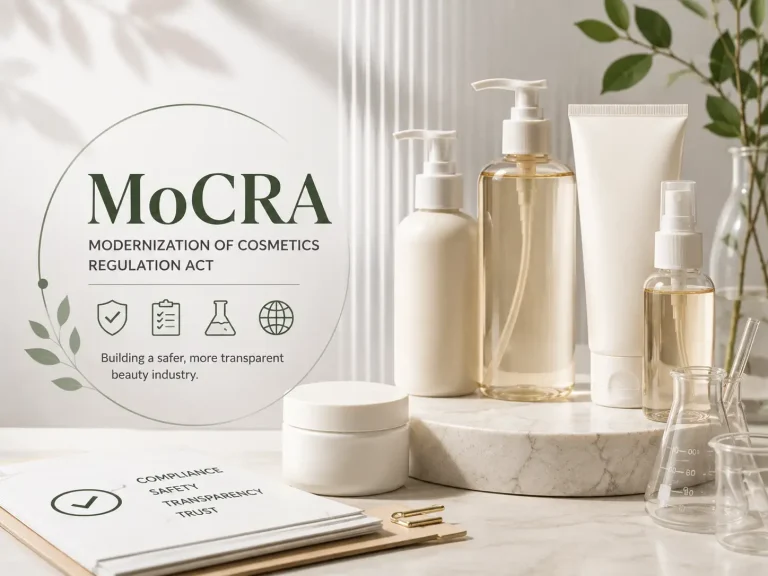 MoCRA poster with cosmetics bottles on a marble surface, conveying cosmetics regulation information.