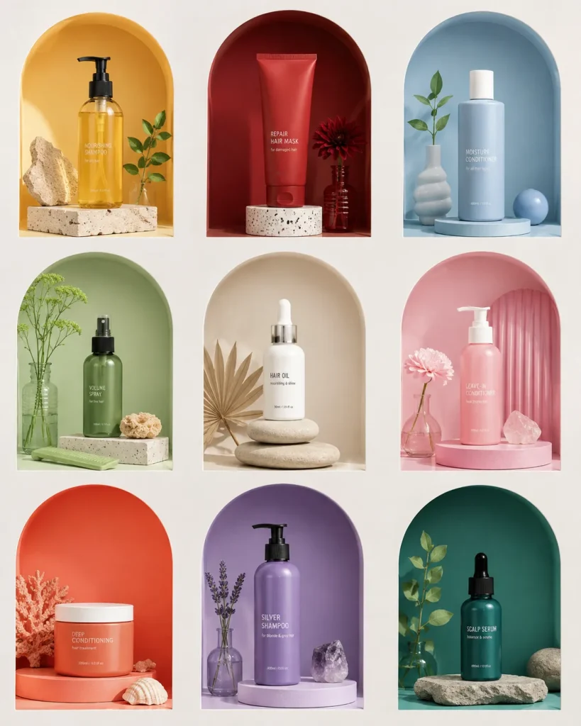 Nine pastel-toned beauty product displays in arched niches, each with a bottle and natural props (plants, stones, shells).