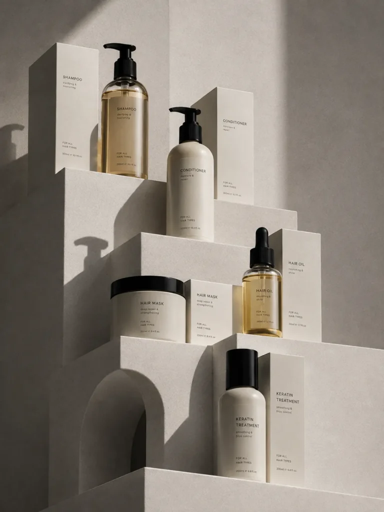 Hair care products arranged on white stepped display: shampoos, conditioners, masks and treatments with black pumps and white boxes (minimalist aesthetic)