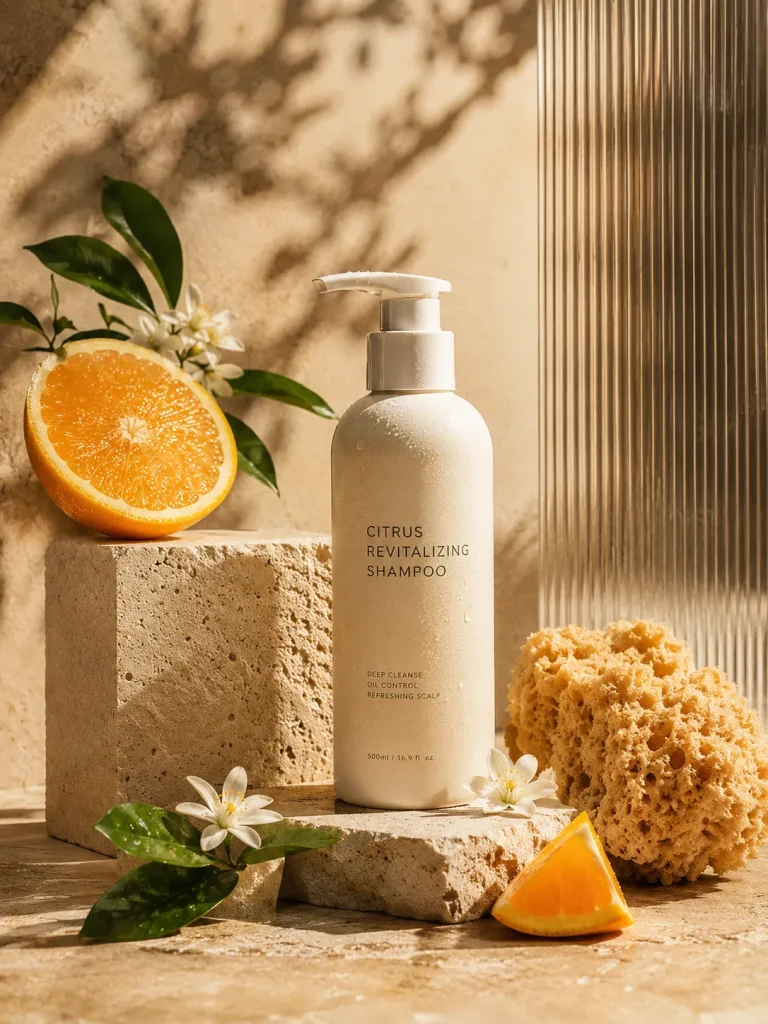 Cream-colored bottle of Citrus Revitalizing Shampoo with a pump, surrounded by orange slices, sponge, and white flowers on stone blocks in warm light.