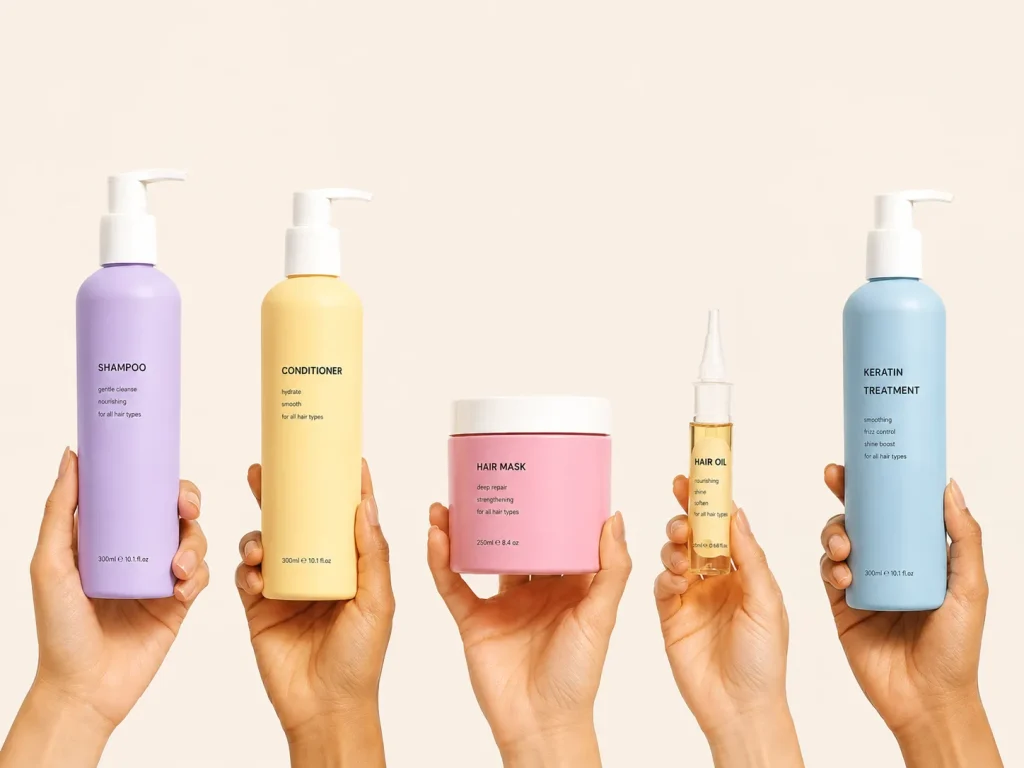 Hands hold pastel hair-care bottles: purple shampoo, yellow conditioner, pink hair mask jar, clear hair oil, and blue keratin treatment.
