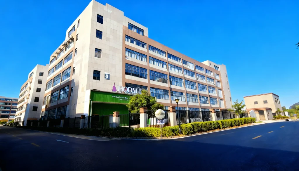 Modern multi‑story office building with beige and brown panels, many windows, and a green storefront below, set against a bright blue sky.