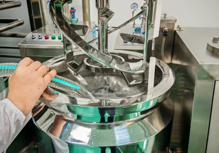 Liquid raw material being fed through a hose into a large industrial stainless steel emulsifying mixer.